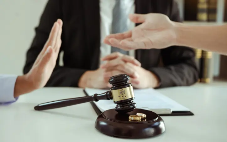 A representation of the divorce process with a gavel, wedding rings, and the hands of disputing parties on a table.