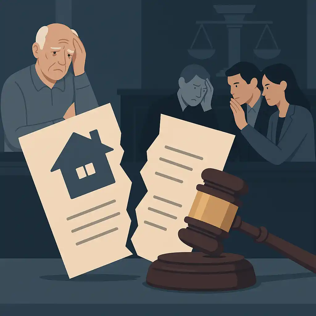 Illustration of a torn title deed, a judge’s gavel, and an elderly person with two younger individuals symbolizing fraud and coercion in property disputes.