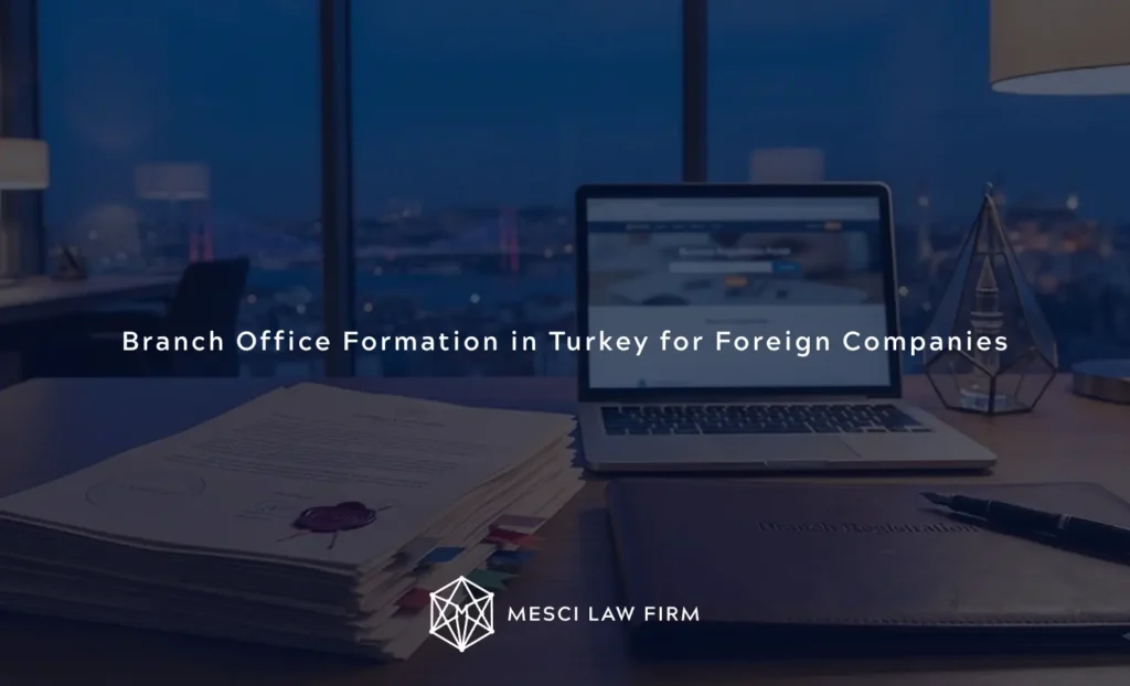 Cinematic legal office scene in Istanbul showing branch office registration documents, commercial contracts and corporate law paperwork for foreign investors in Turkey.